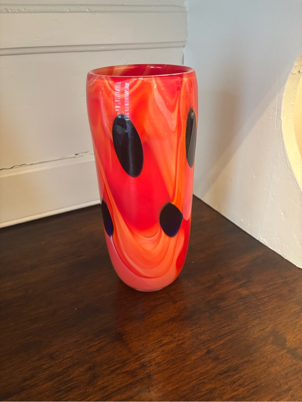 Murano Style Art Glass 9” Vase Red/Orange Swirl Black/Deep Purple Polka Dot